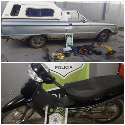 La camioneta con los elementos robados, y la moto en la que iba la mujer con el celular robado.
